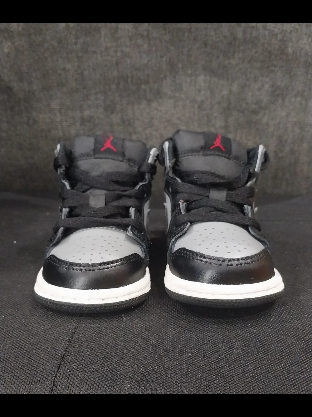 Nike Jordan 1 Black, Gray and White Mid Sneakers with Red Accent 4c